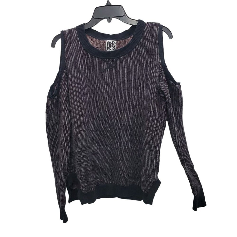 Free Press Women's Black Brown‎ Geo Arrow Cold Shoulder Knit Cotton Sweater Sz S